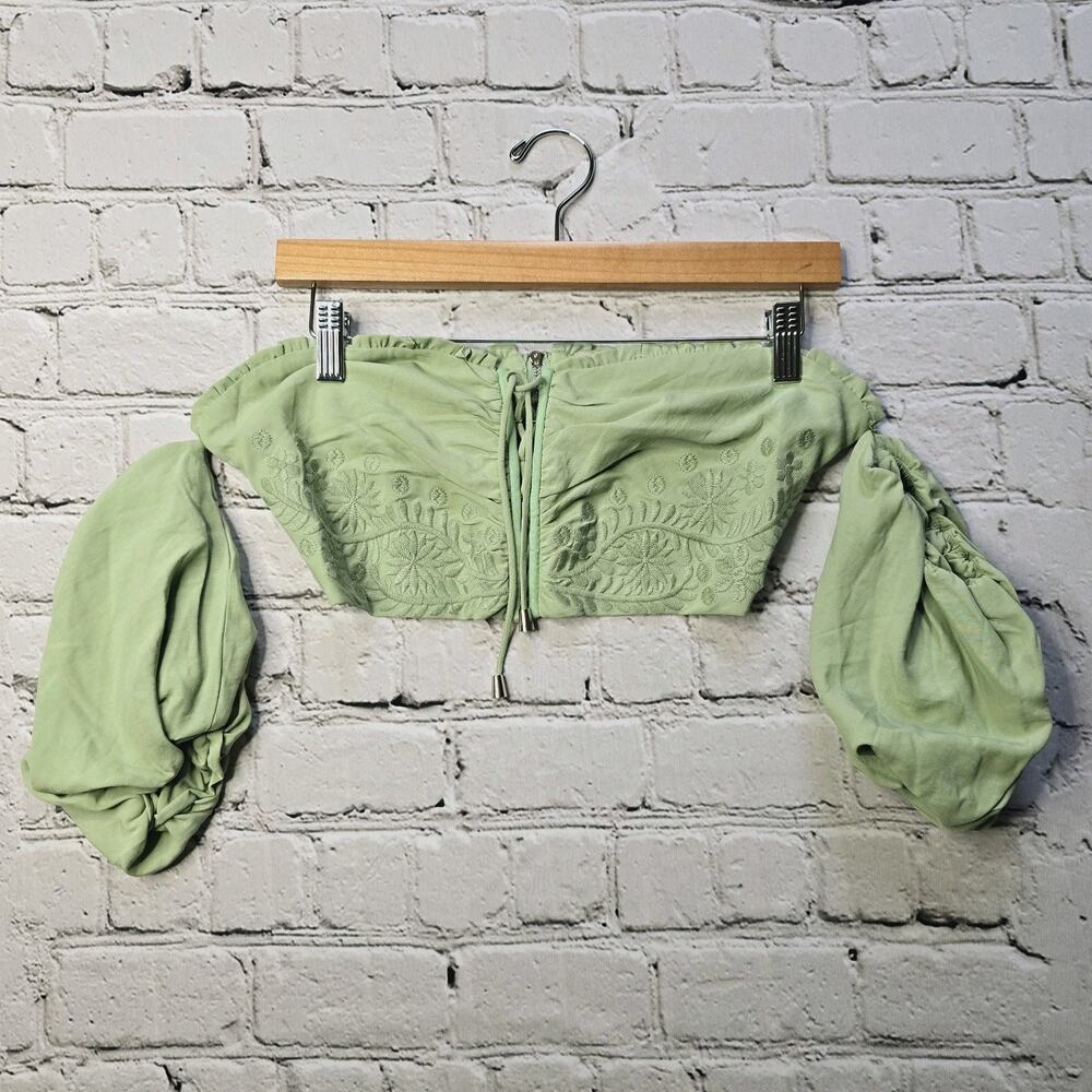 Herencia Collection Green Bustier Crop Top Puff Sleeve Embroidered Detail Size M